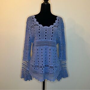 One World light blue crochet long sleeve top with bell sleeves